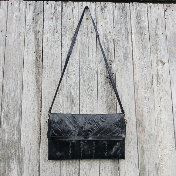 Vintage Eel Skin Eelskin Clutch Shoulder Bag Black Leather Lined Womens Purse - Picture 1 of 11